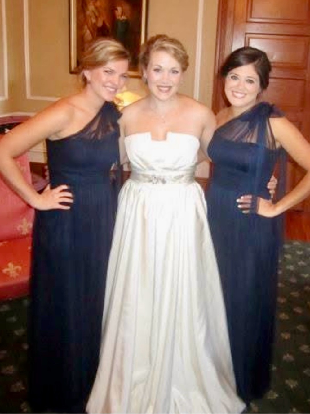 Jenny Yoo Navy Strapless dress with one shoulder detail